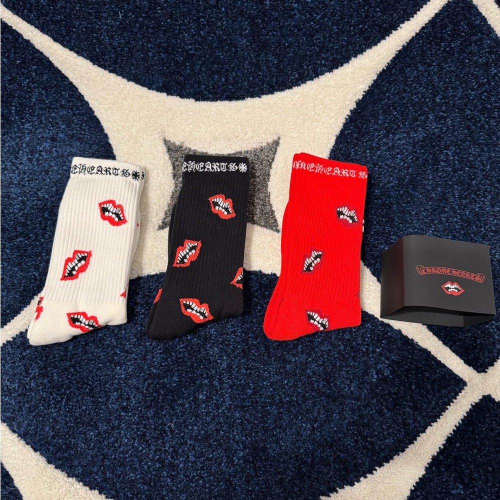 Chrome Hearts Chomper Socks 3 Pack Red White Black